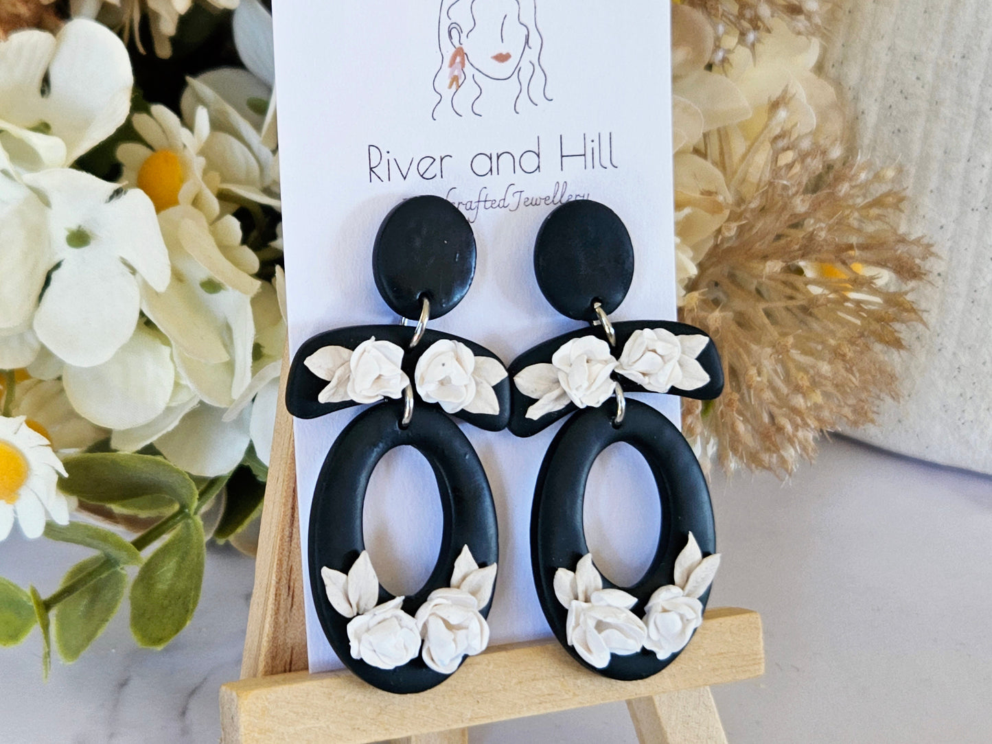 Black and White Floral Oval Earrings