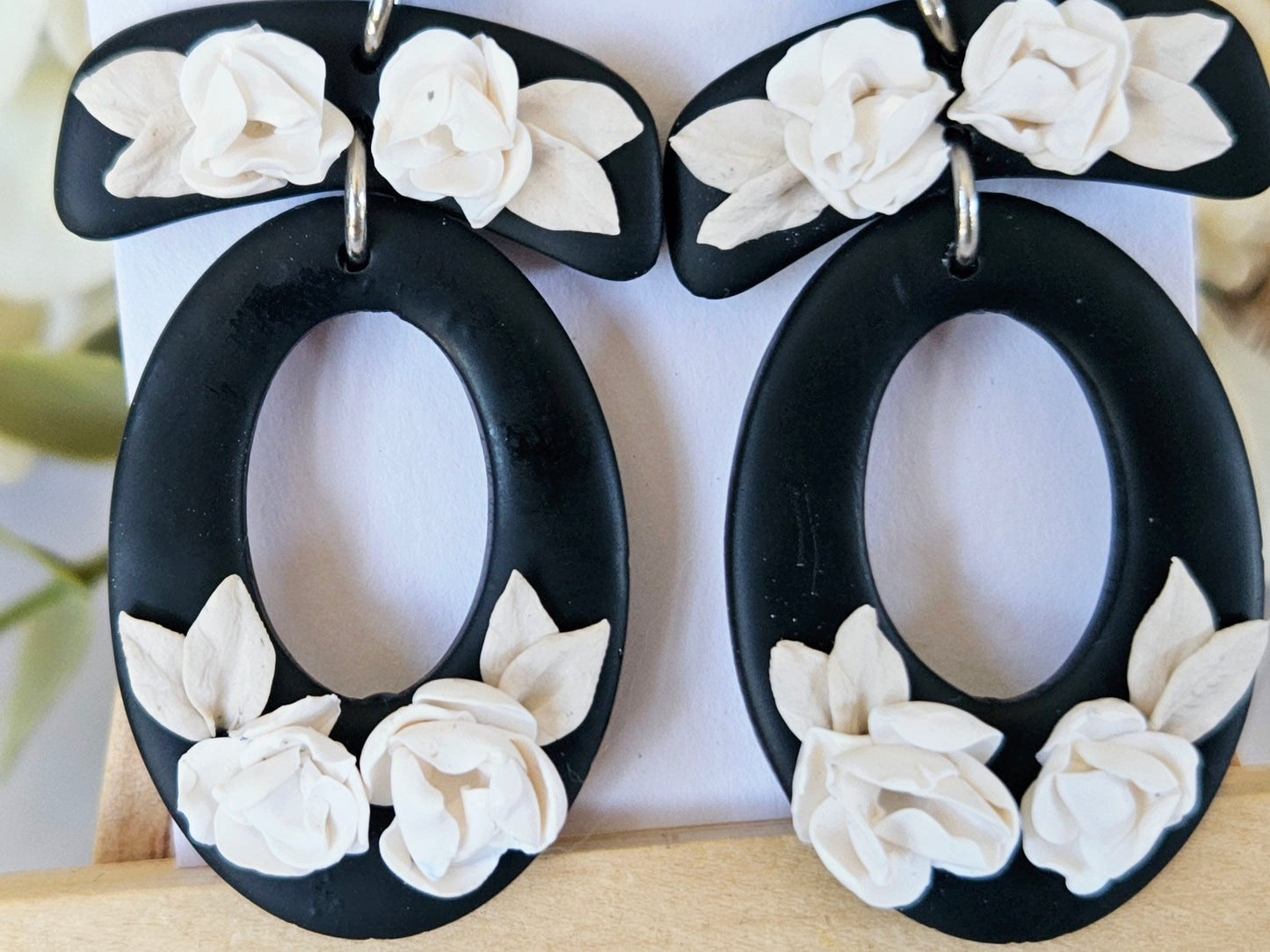 Black and White Floral Oval Earrings