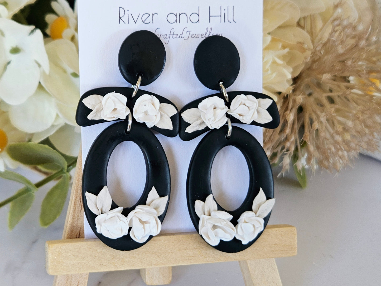 Black and White Floral Oval Earrings