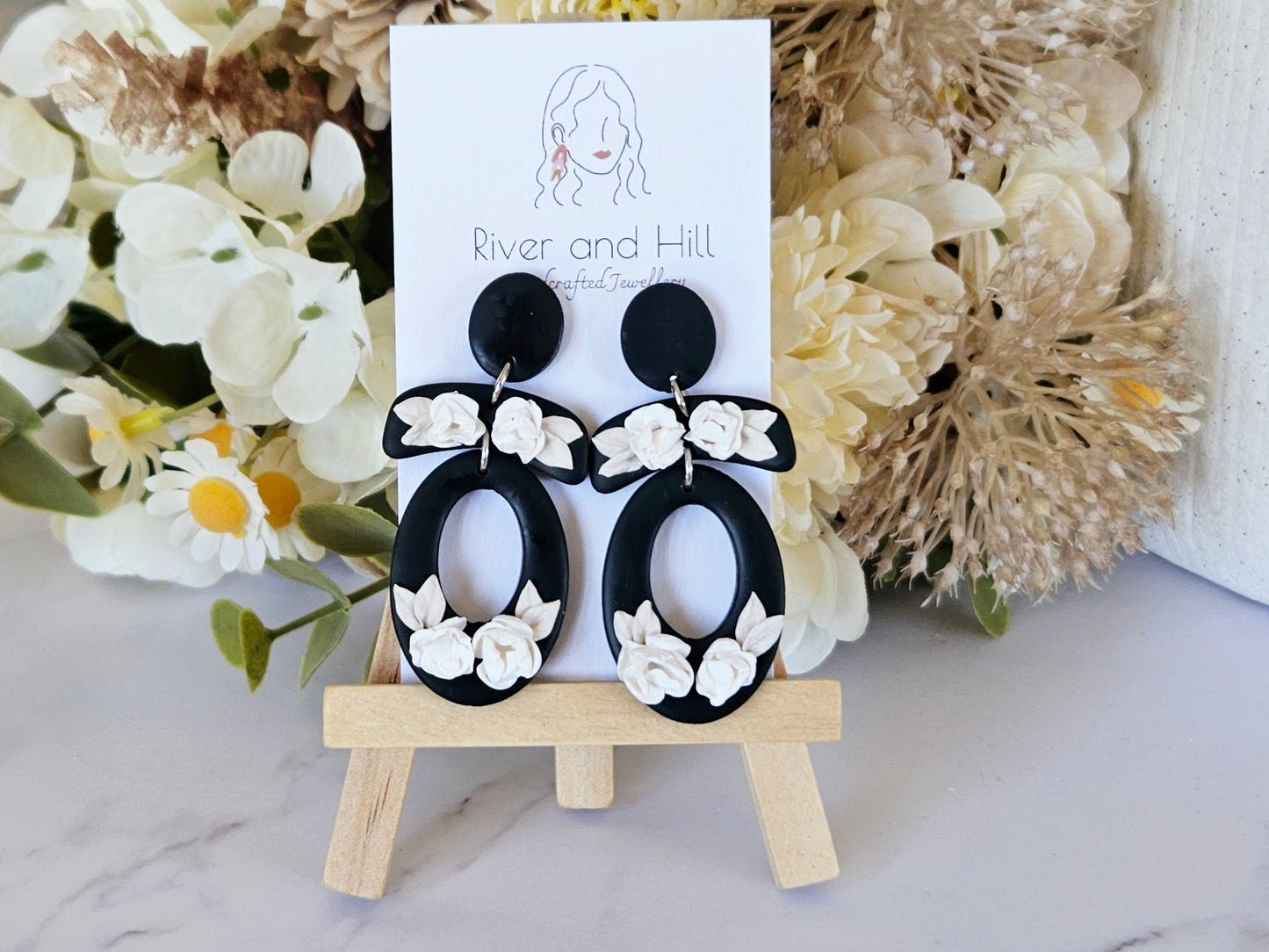 Black and White Floral Oval Earrings