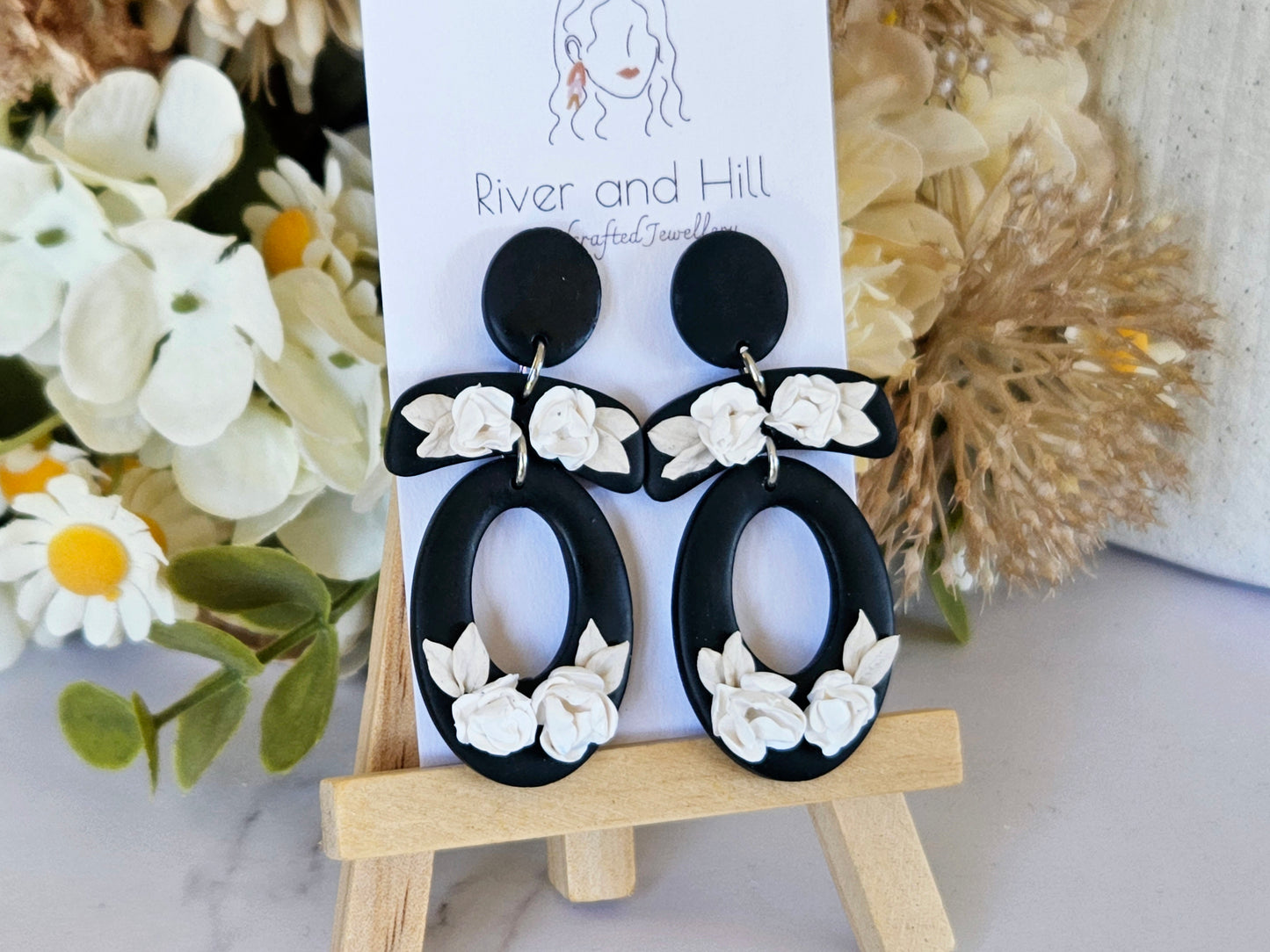 Black and White Floral Oval Earrings