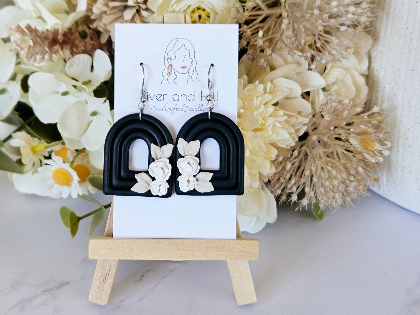 Black and White Floral Arch Earrings