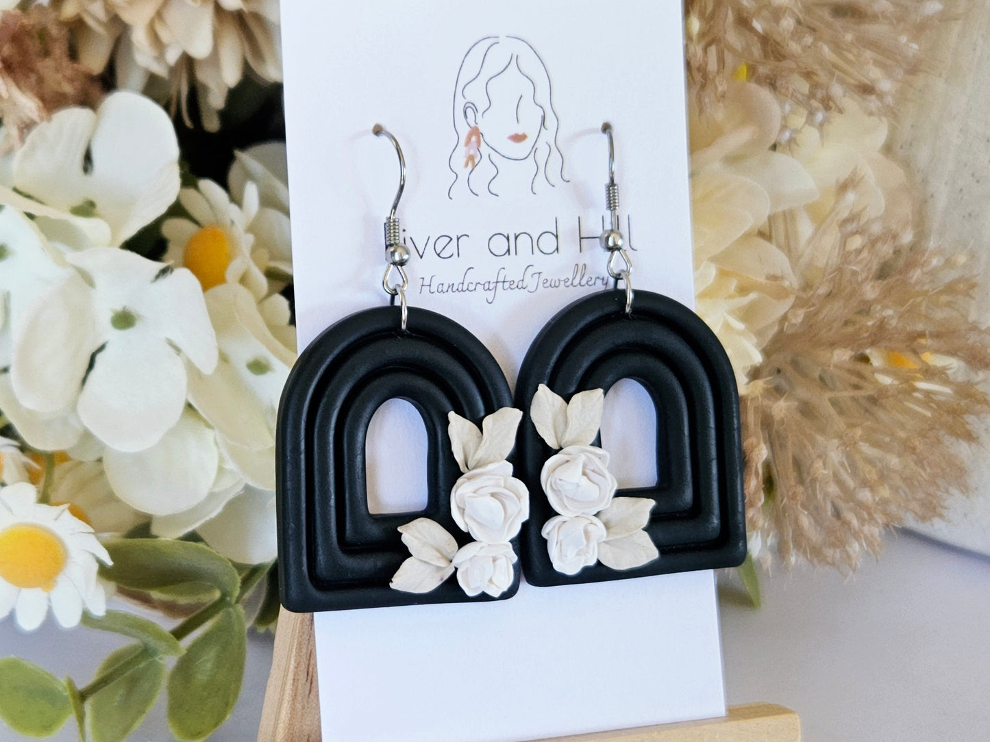 Black and White Floral Arch Earrings