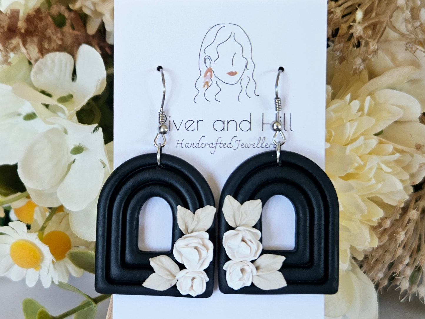 Black and White Floral Arch Earrings