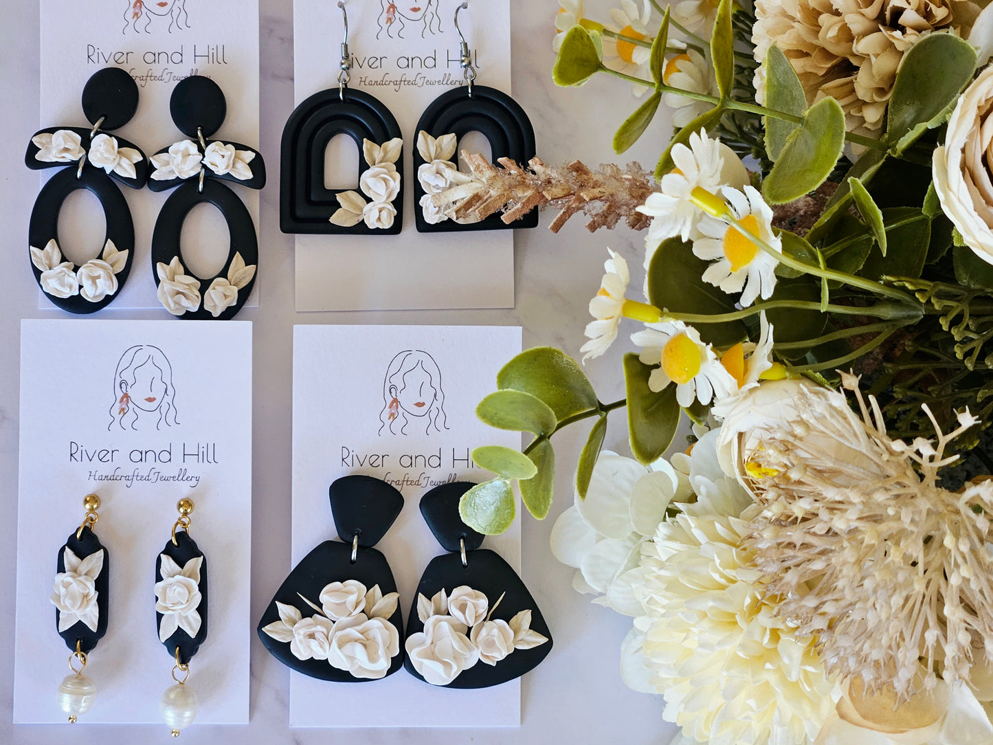 Black and White Floral Arch Earrings