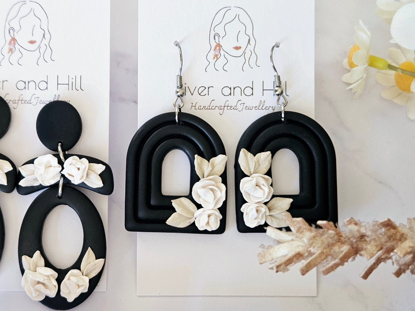 Black and White Floral Arch Earrings