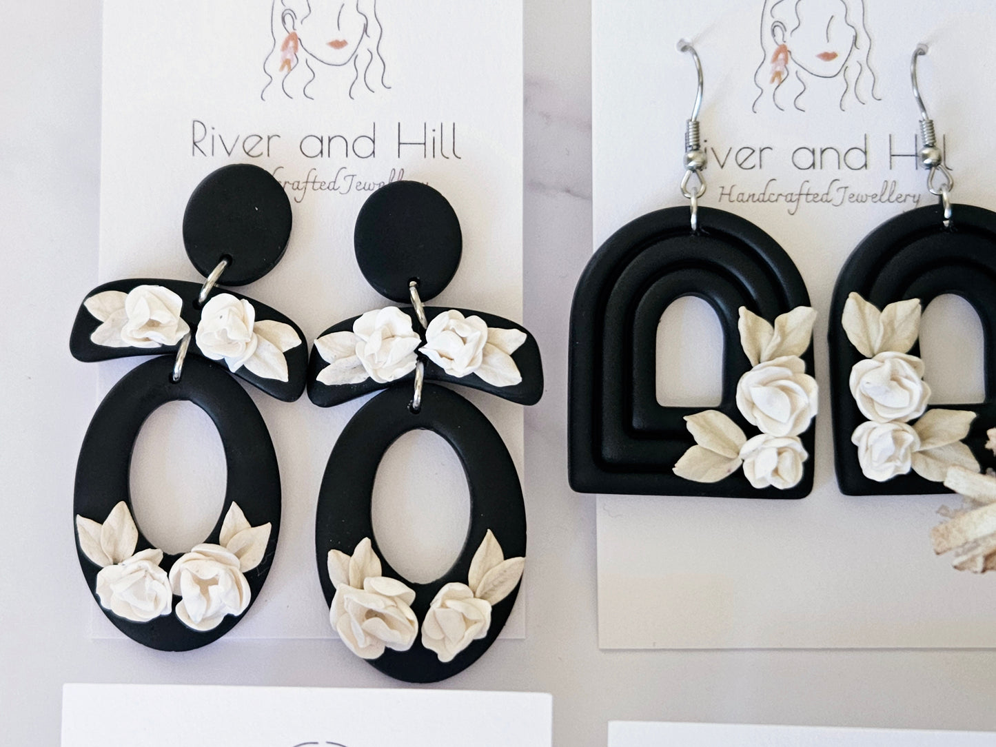 Black and White Floral Oval Earrings