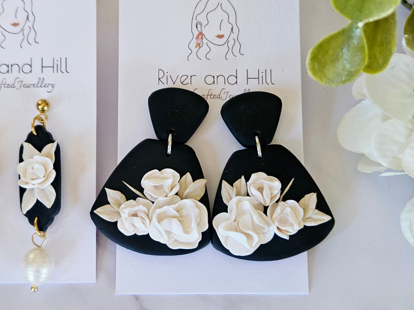 Black and White Floral Statement Earrings