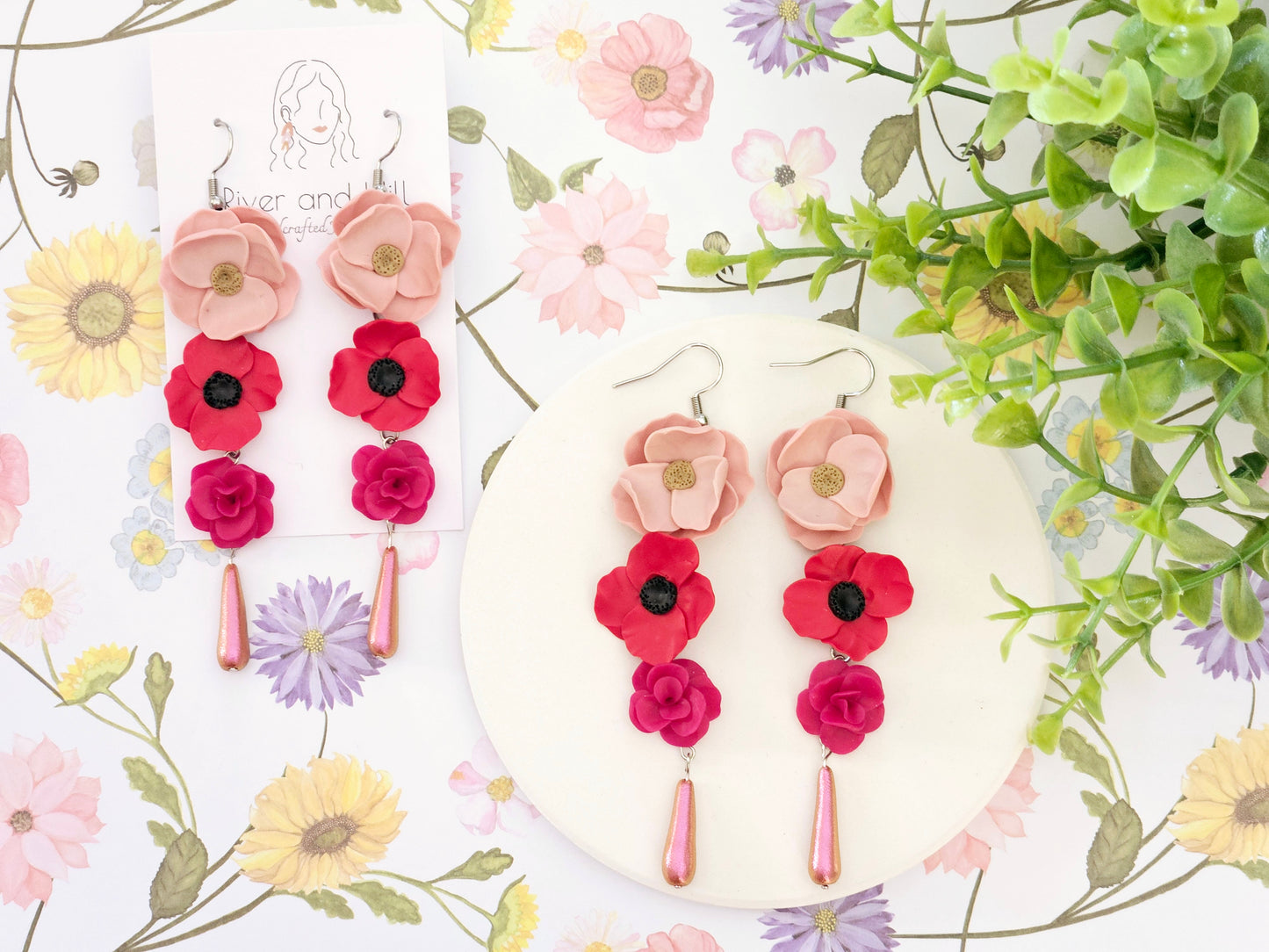 Summer Floral Pink and Red Flower Earrings