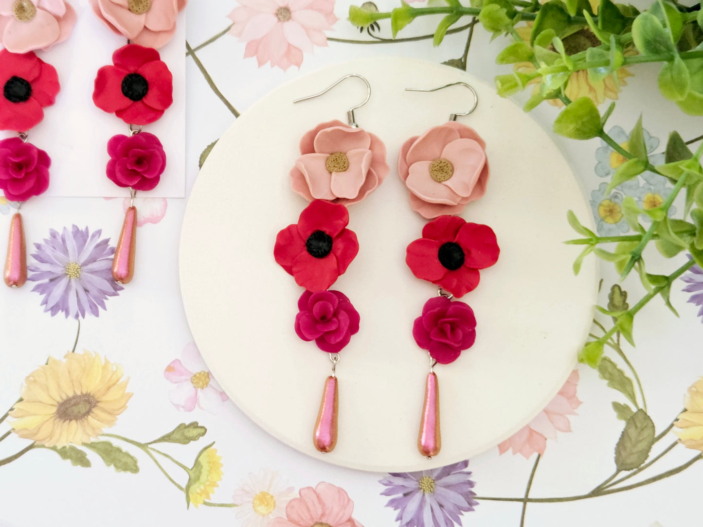 Summer Floral Pink and Red Flower Earrings