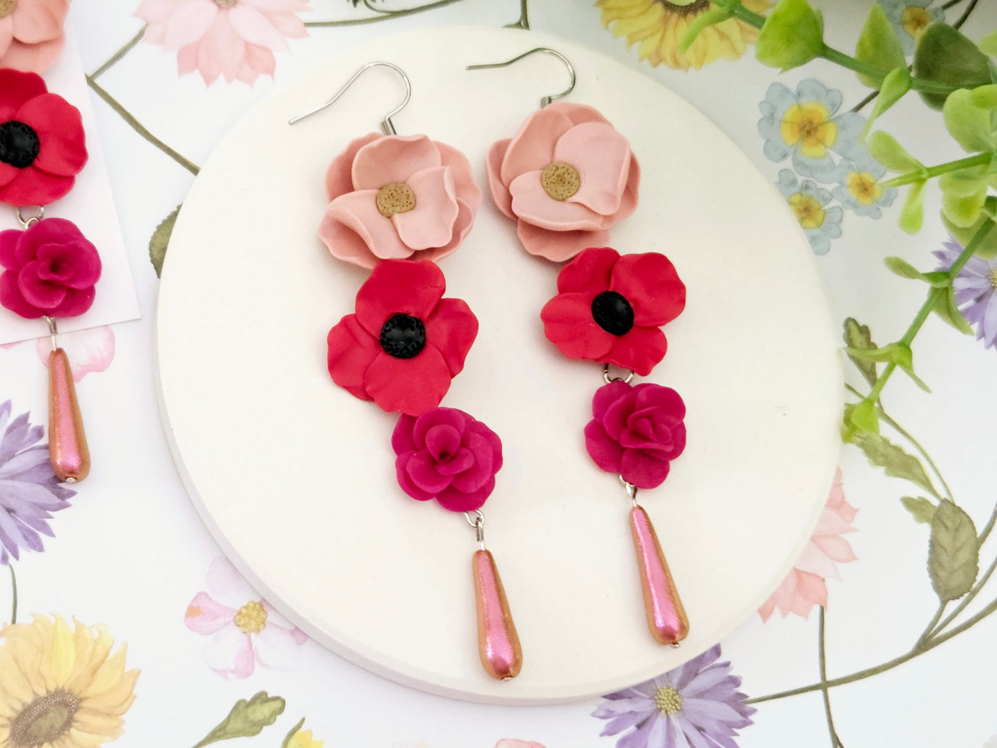 Summer Floral Pink and Red Flower Earrings