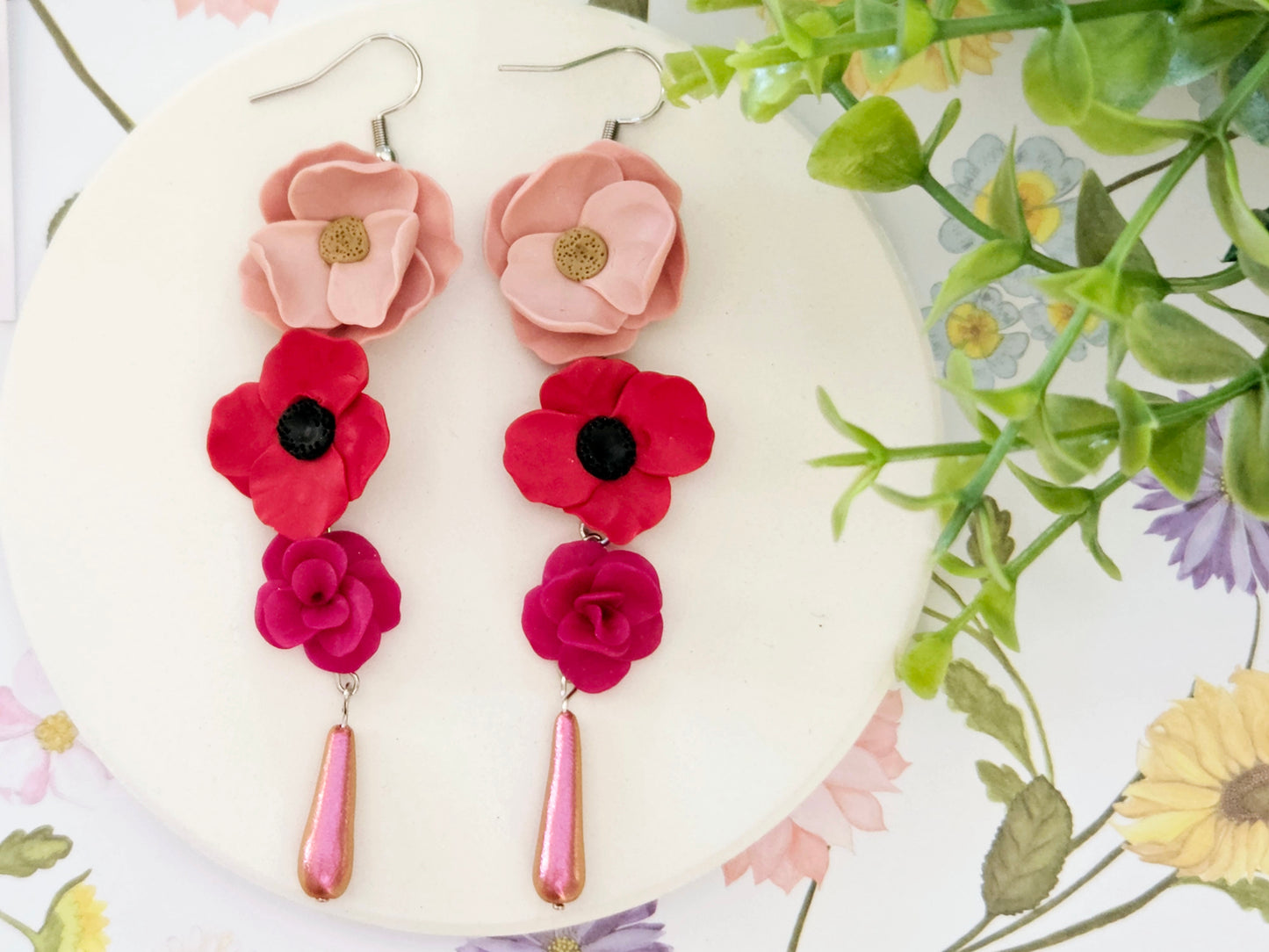 Summer Floral Pink and Red Flower Earrings