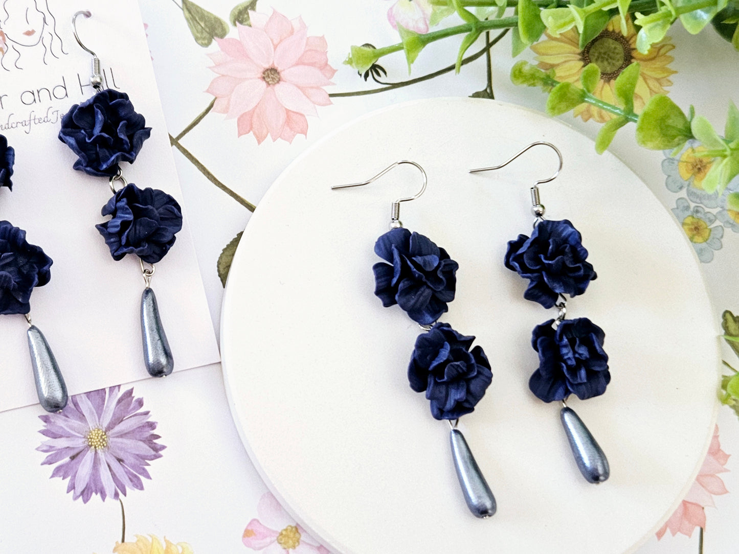 Summer Floral Navy Flower Earrings