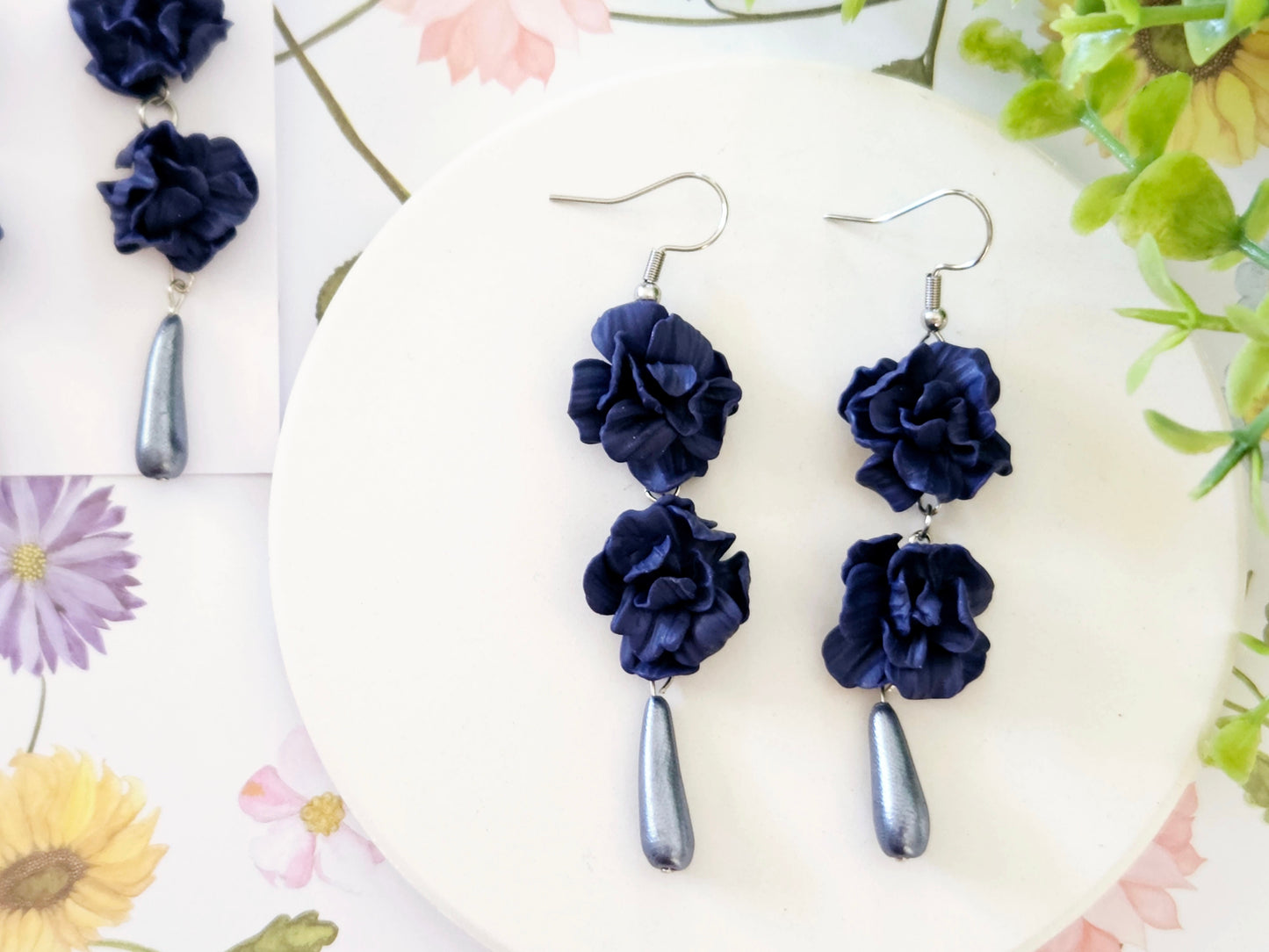 Summer Floral Navy Flower Earrings