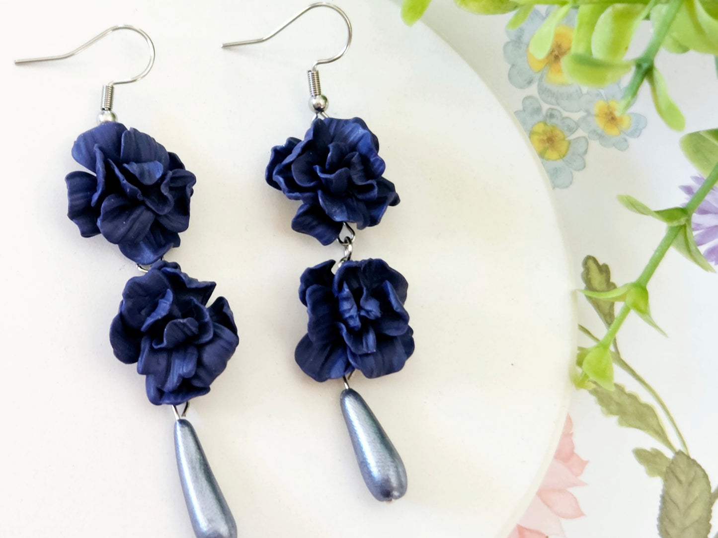 Summer Floral Navy Flower Earrings