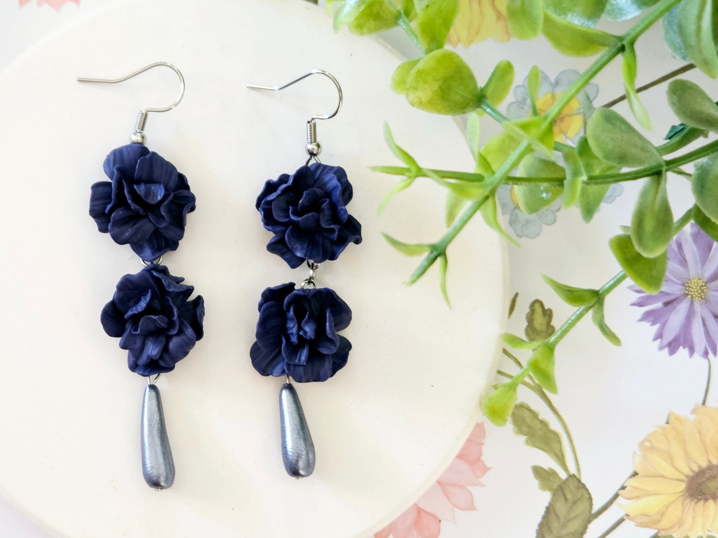 Summer Floral Navy Flower Earrings