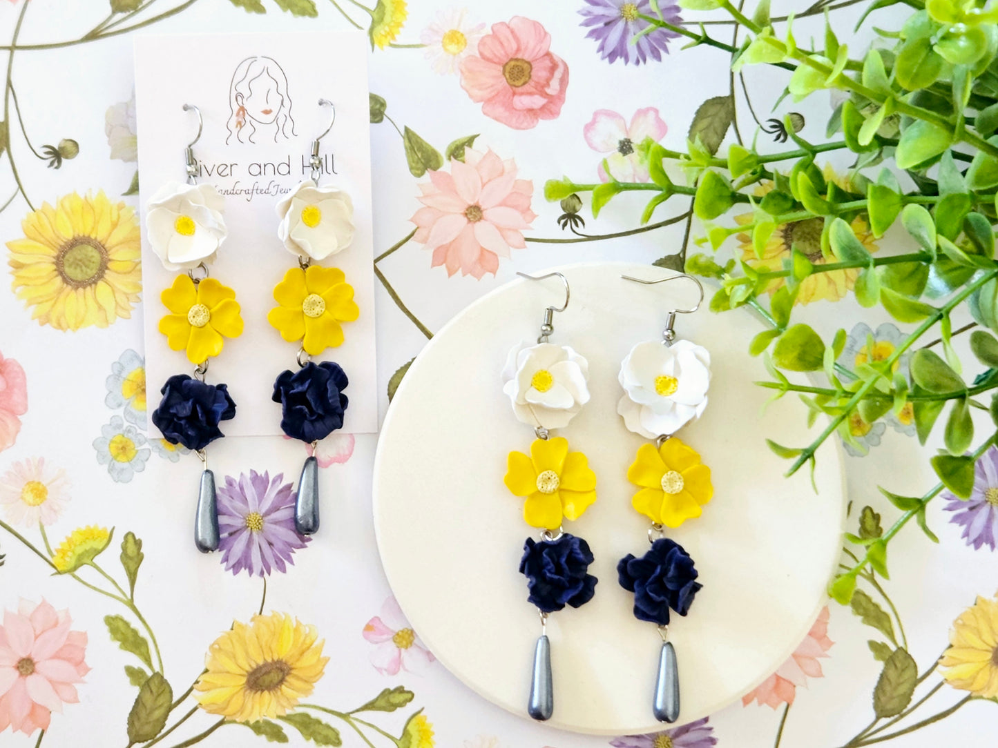 Summer Floral White, Yellow and Navy Flower Earrings