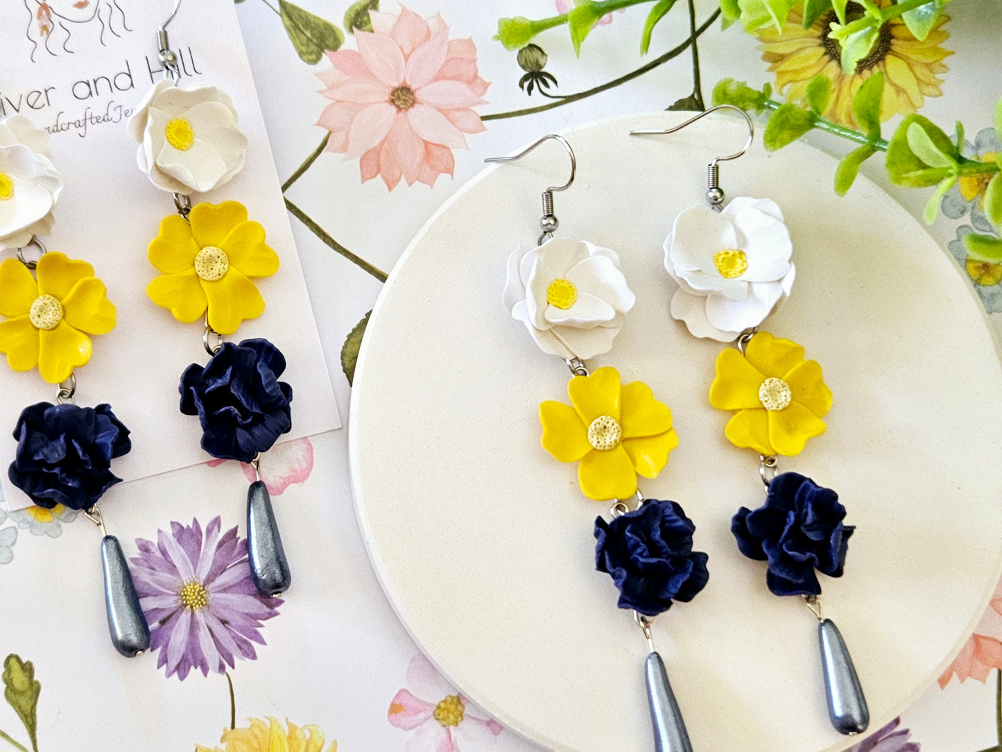 Summer Floral White, Yellow and Navy Flower Earrings