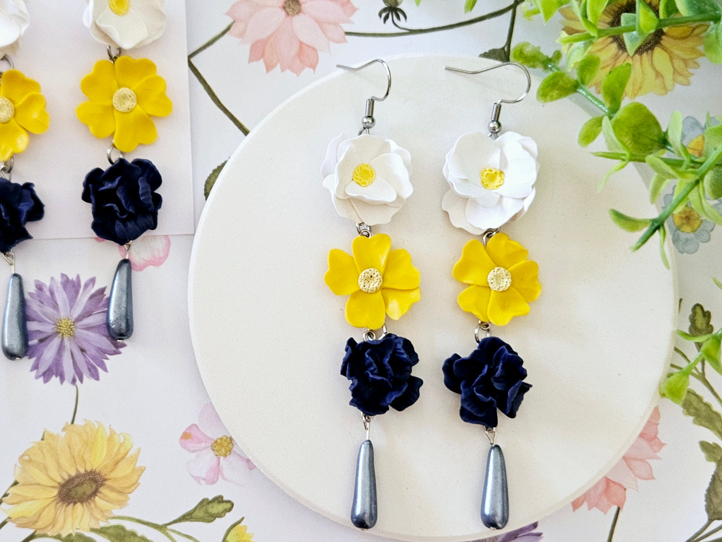 Summer Floral White, Yellow and Navy Flower Earrings