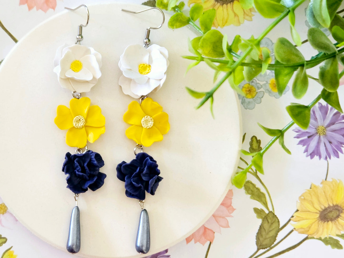 Summer Floral White, Yellow and Navy Flower Earrings