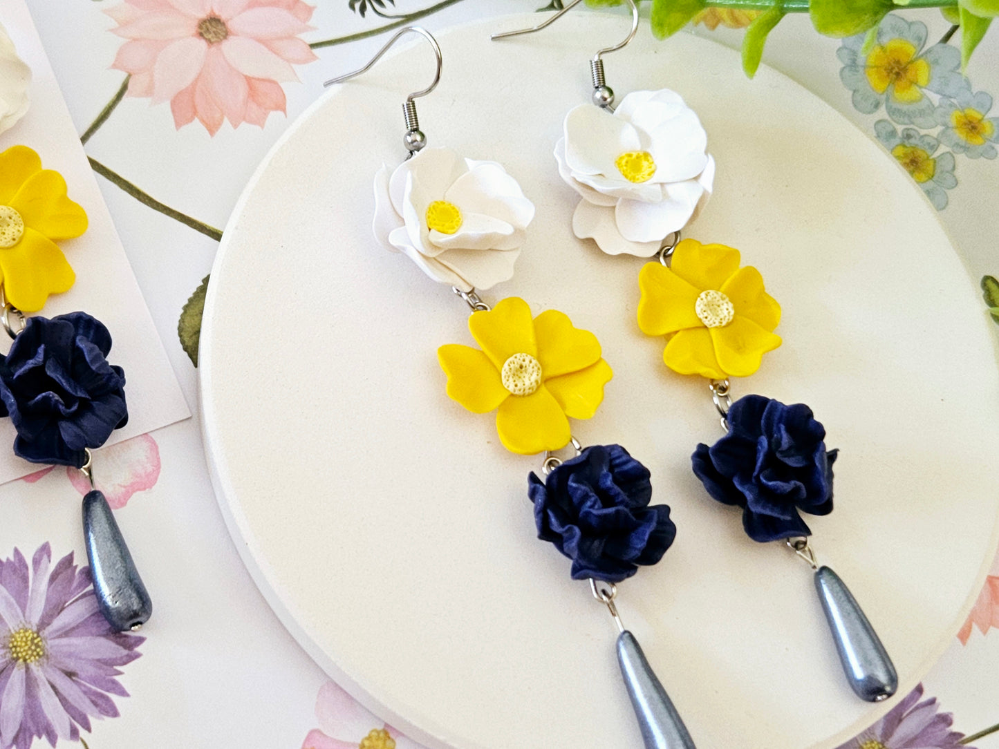 Summer Floral White, Yellow and Navy Flower Earrings