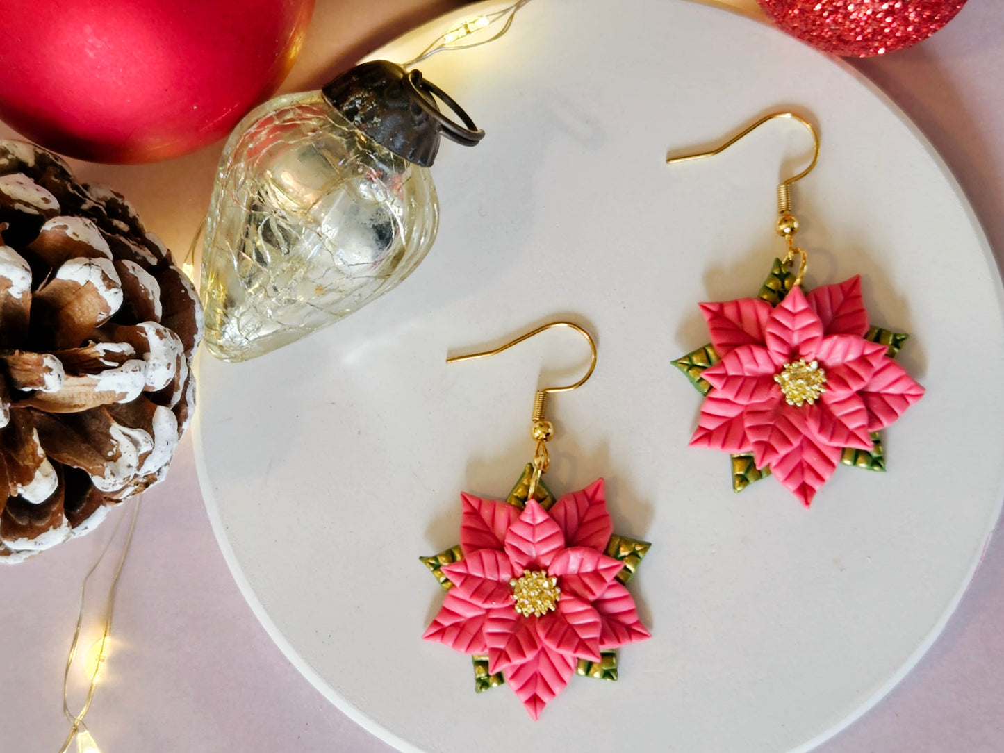 Christmas Poinsettia Earrings Pink, Red or White