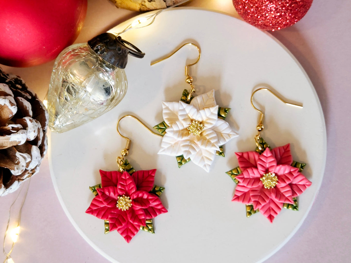 Christmas Poinsettia Earrings Pink, Red or White