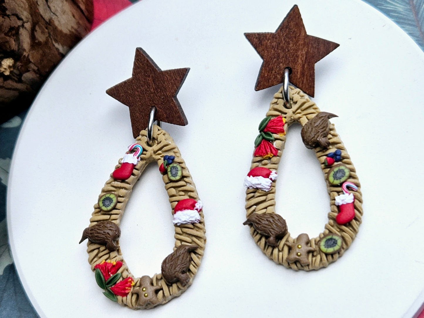 Kiwi Christmas Weave Droplet Earrings