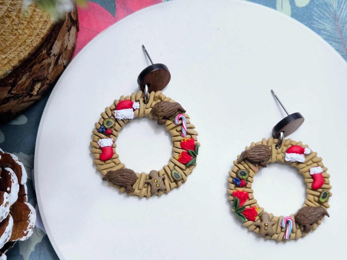 Kiwi Christmas Weave Wreath Earrings