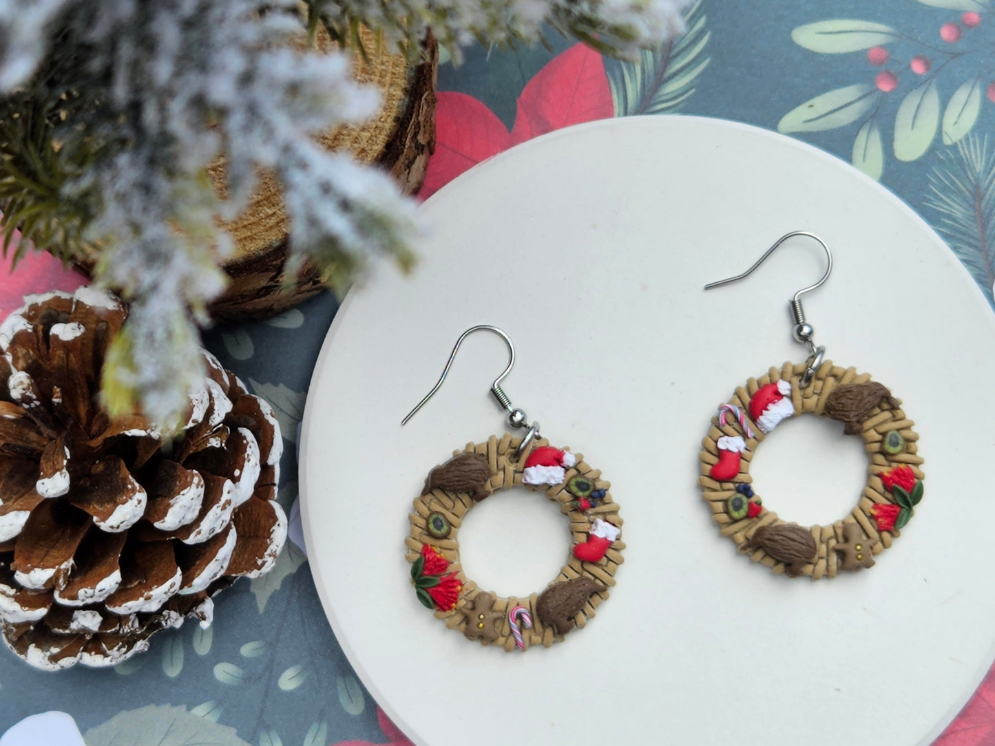 Kiwi Christmas Weave Wreath Earrings