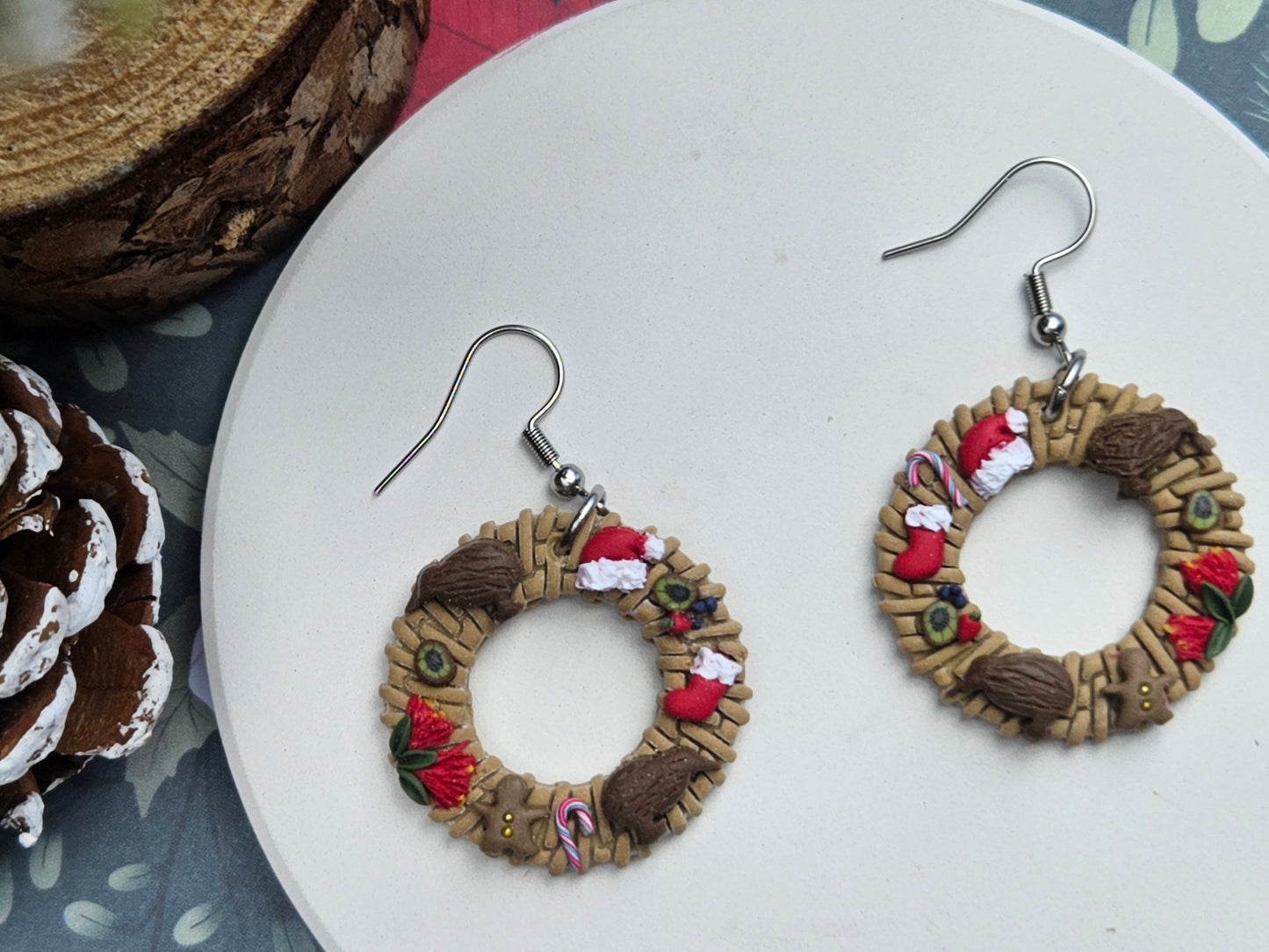 Kiwi Christmas Weave Wreath Earrings