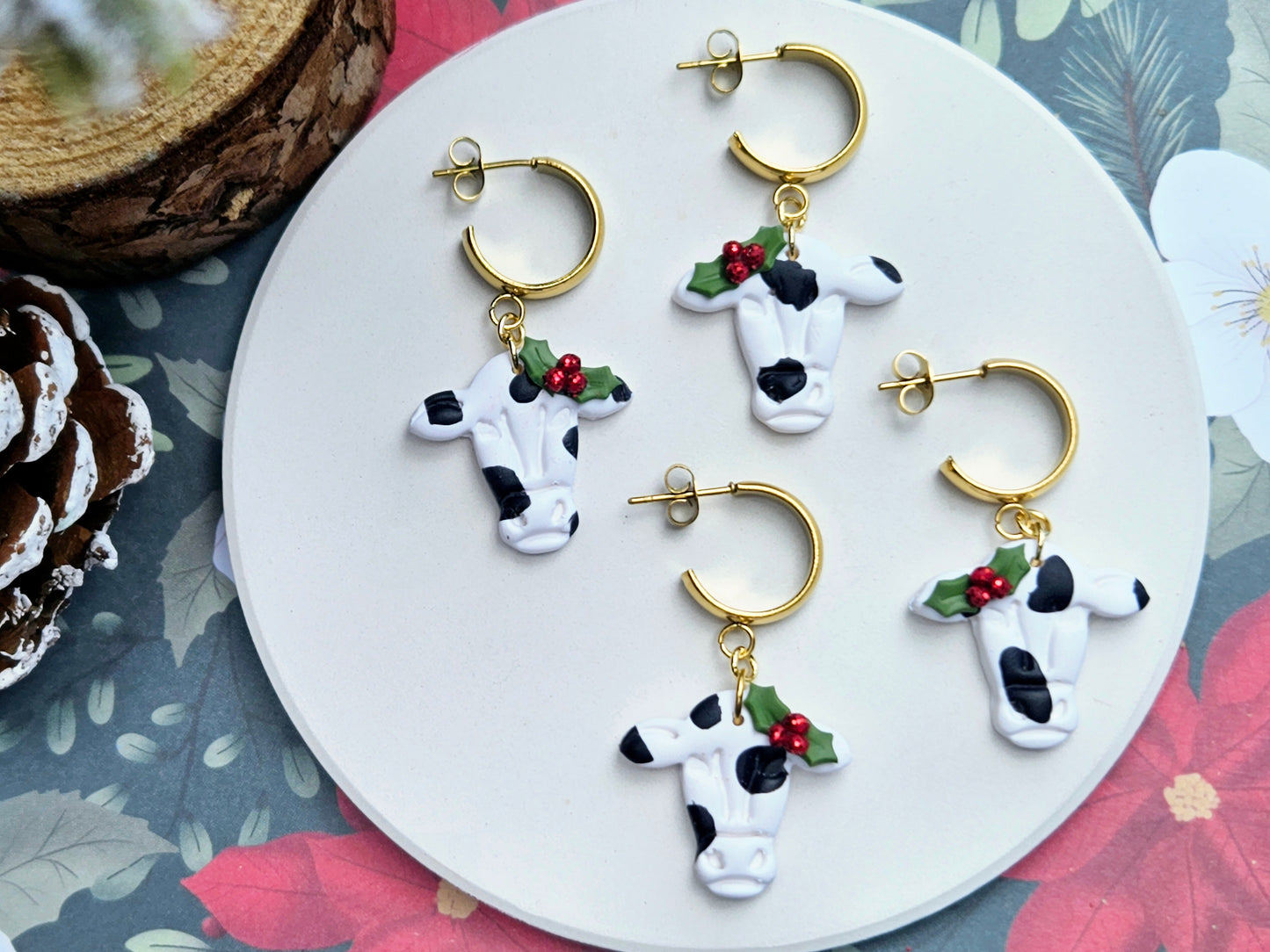 Kiwi Christmas Cow Earrings