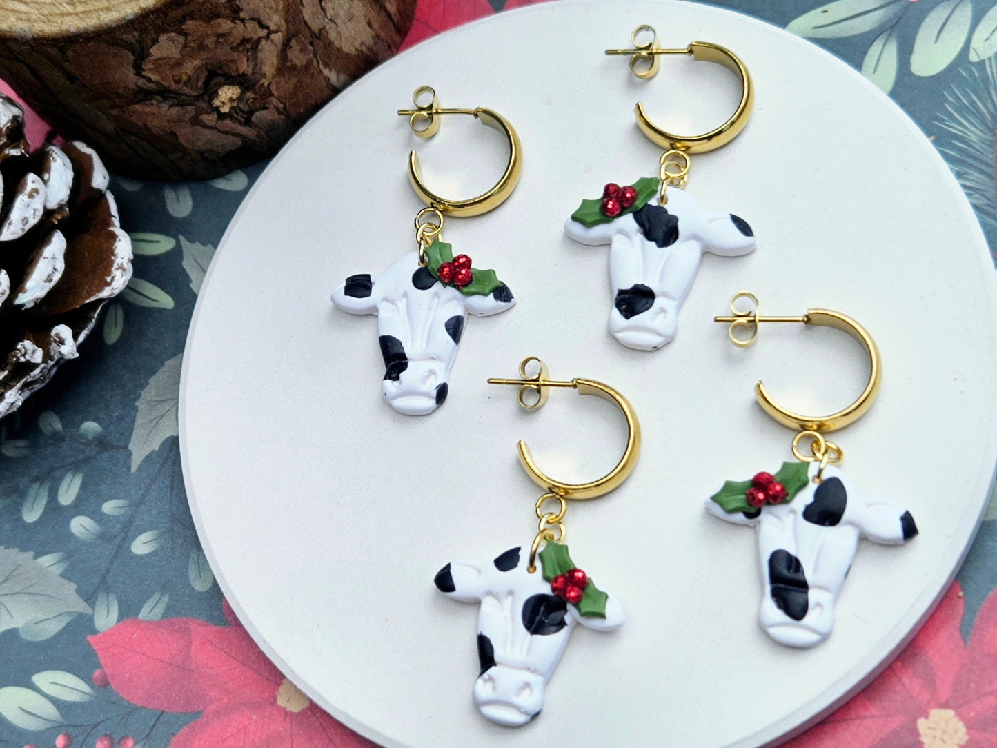 Kiwi Christmas Cow Earrings