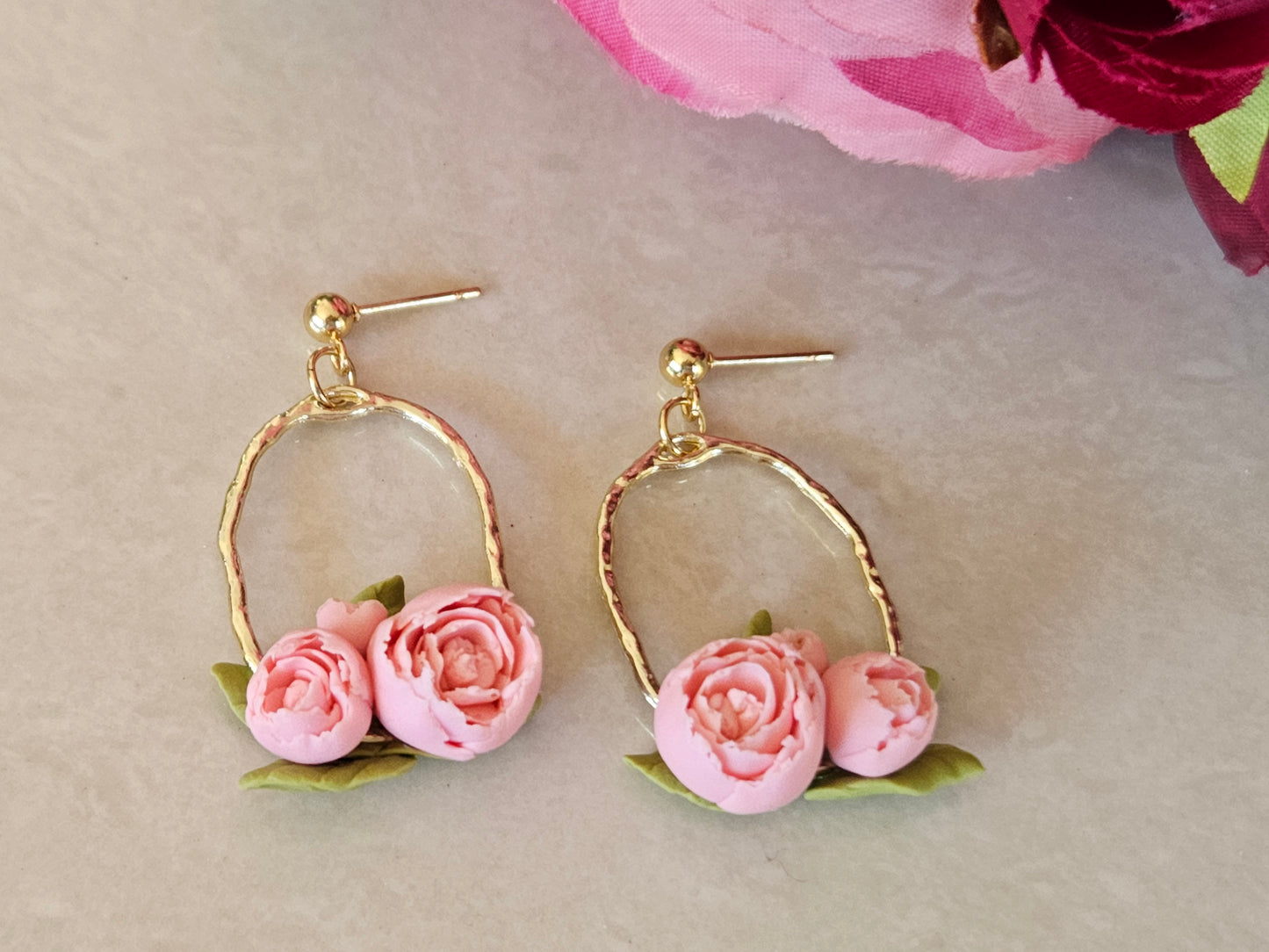 Peonies Gold Oval Earrings