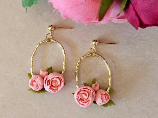 Peonies Gold Oval Earrings