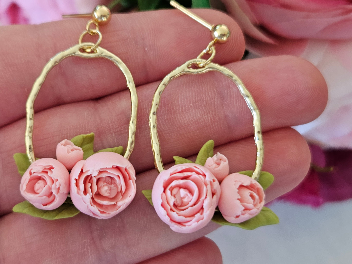 Peonies Gold Oval Earrings