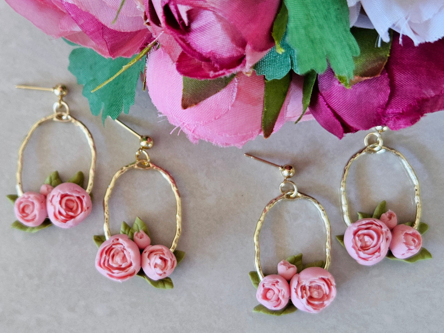 Peonies Gold Oval Earrings