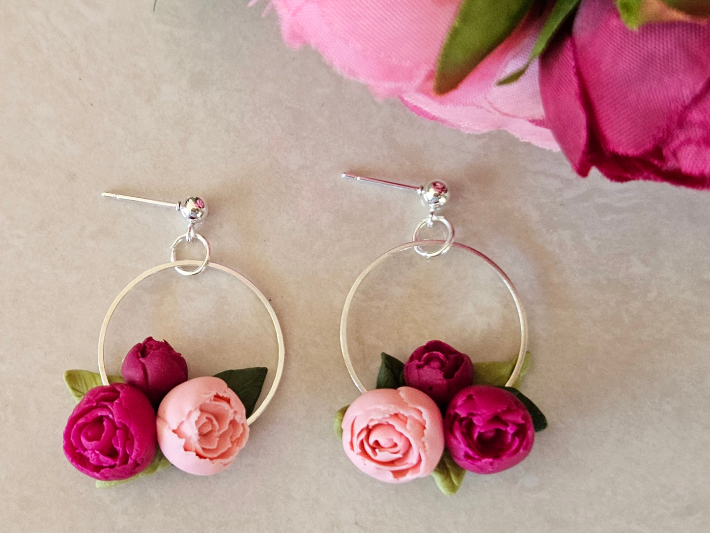 Peonies Silver Disk Earrings