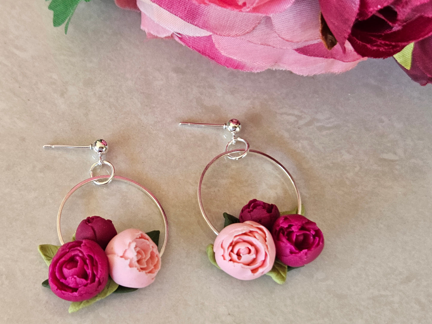 Peonies Silver Disk Earrings