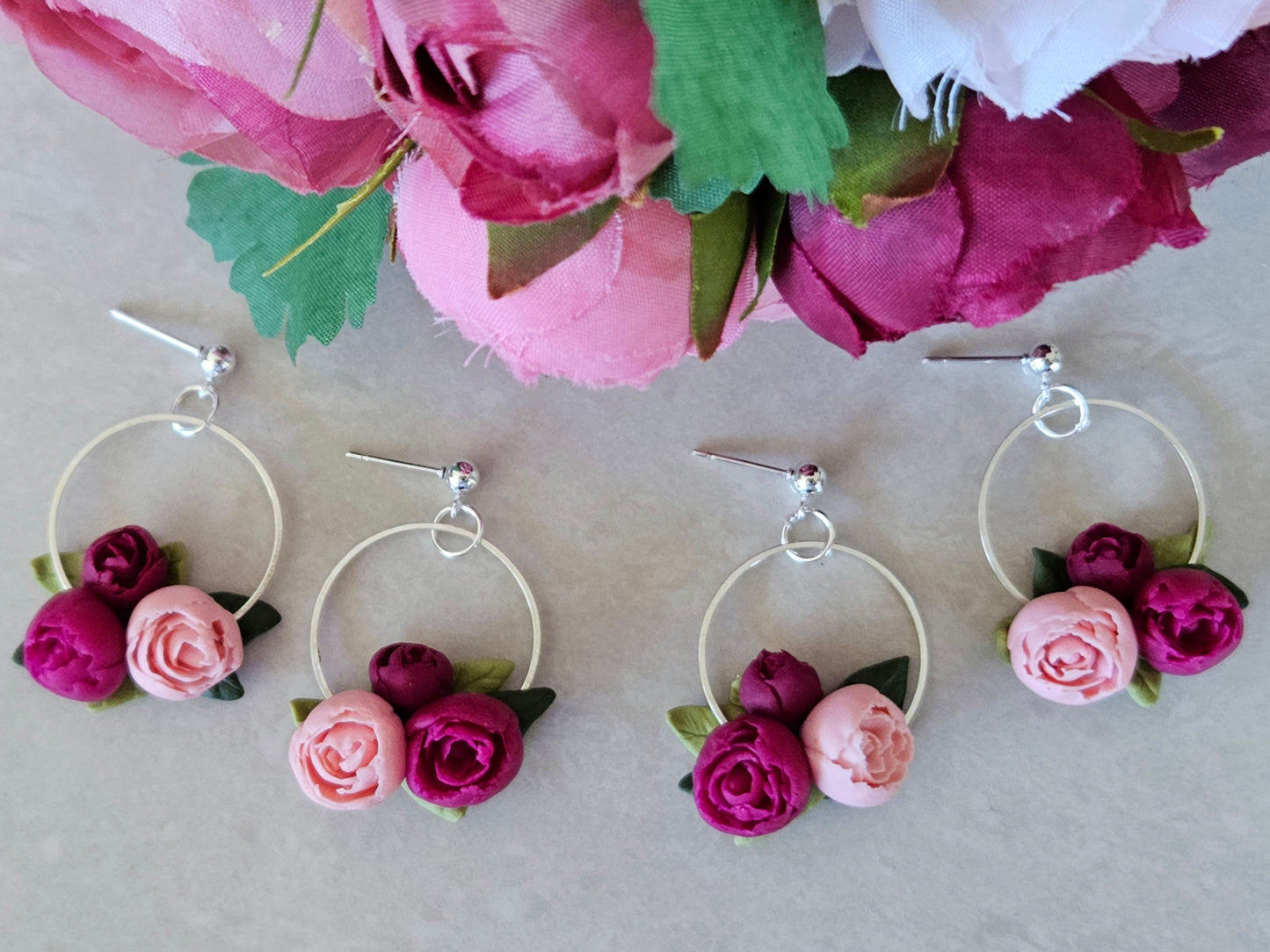 Peonies Silver Disk Earrings