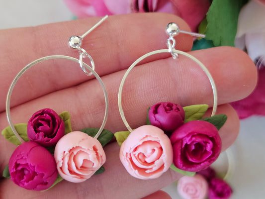 Peonies Silver Disk Earrings