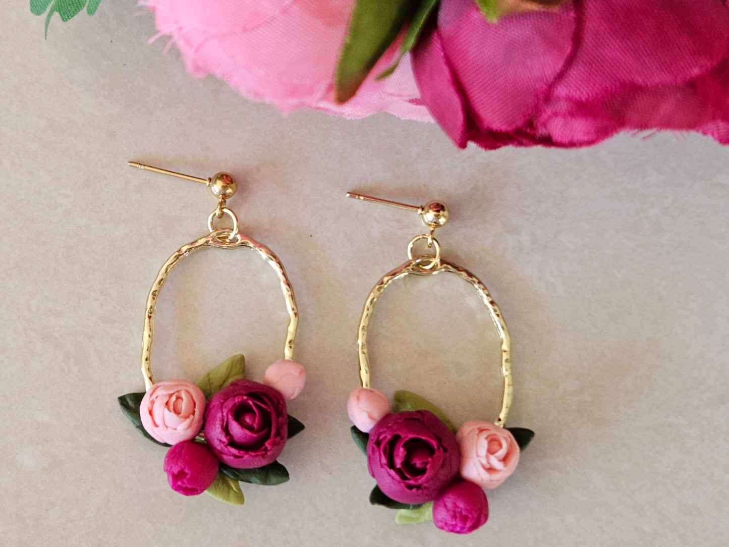 Peonies Gold Oval Bouquet Earrings