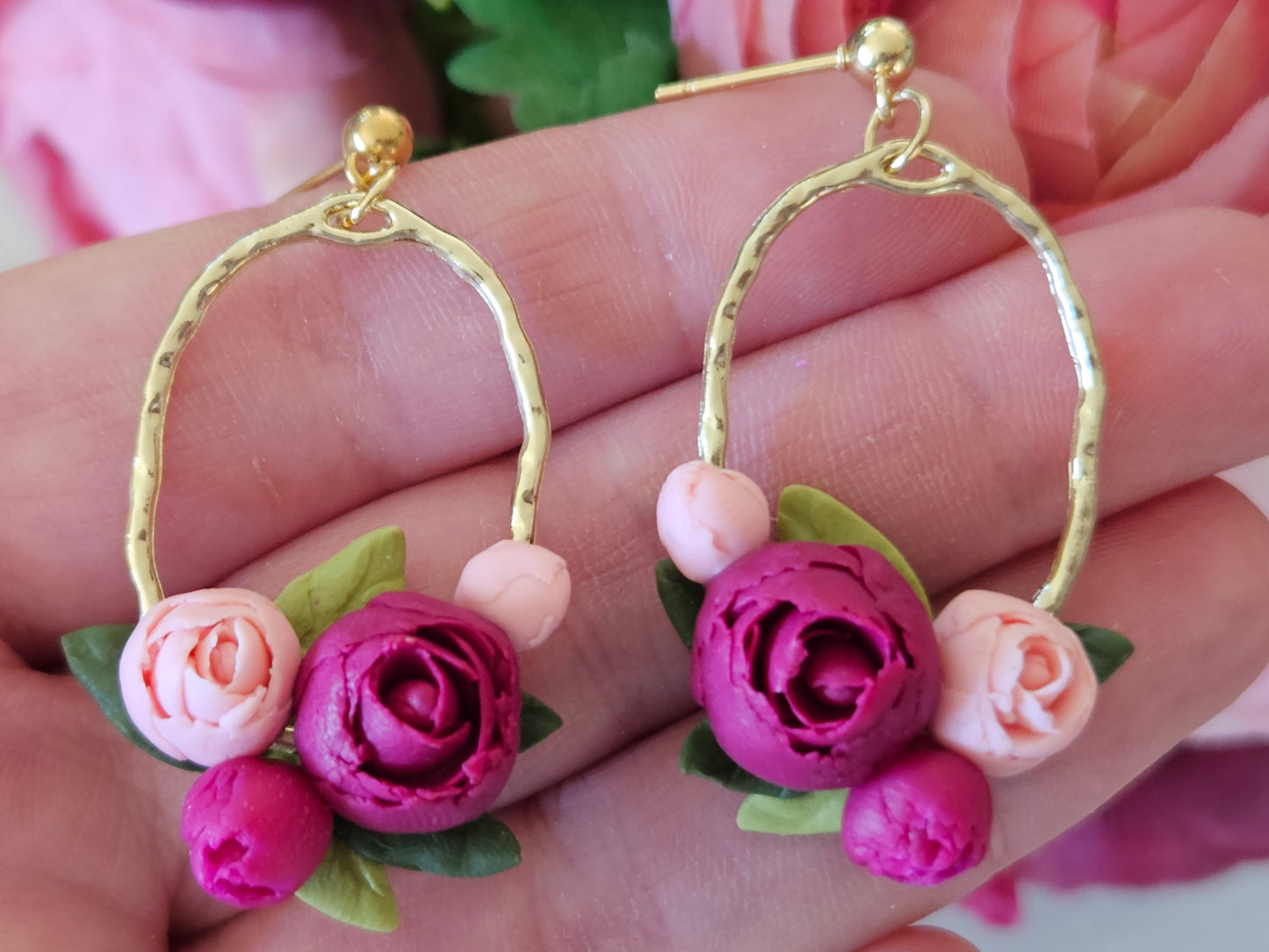 Peonies Gold Oval Bouquet Earrings