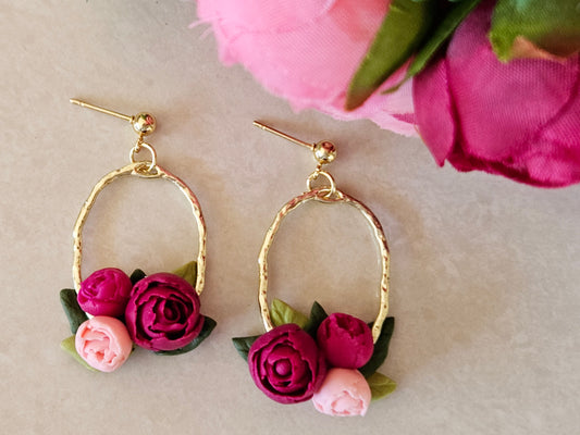 Peonies Gold Oval Bouquet Earrings