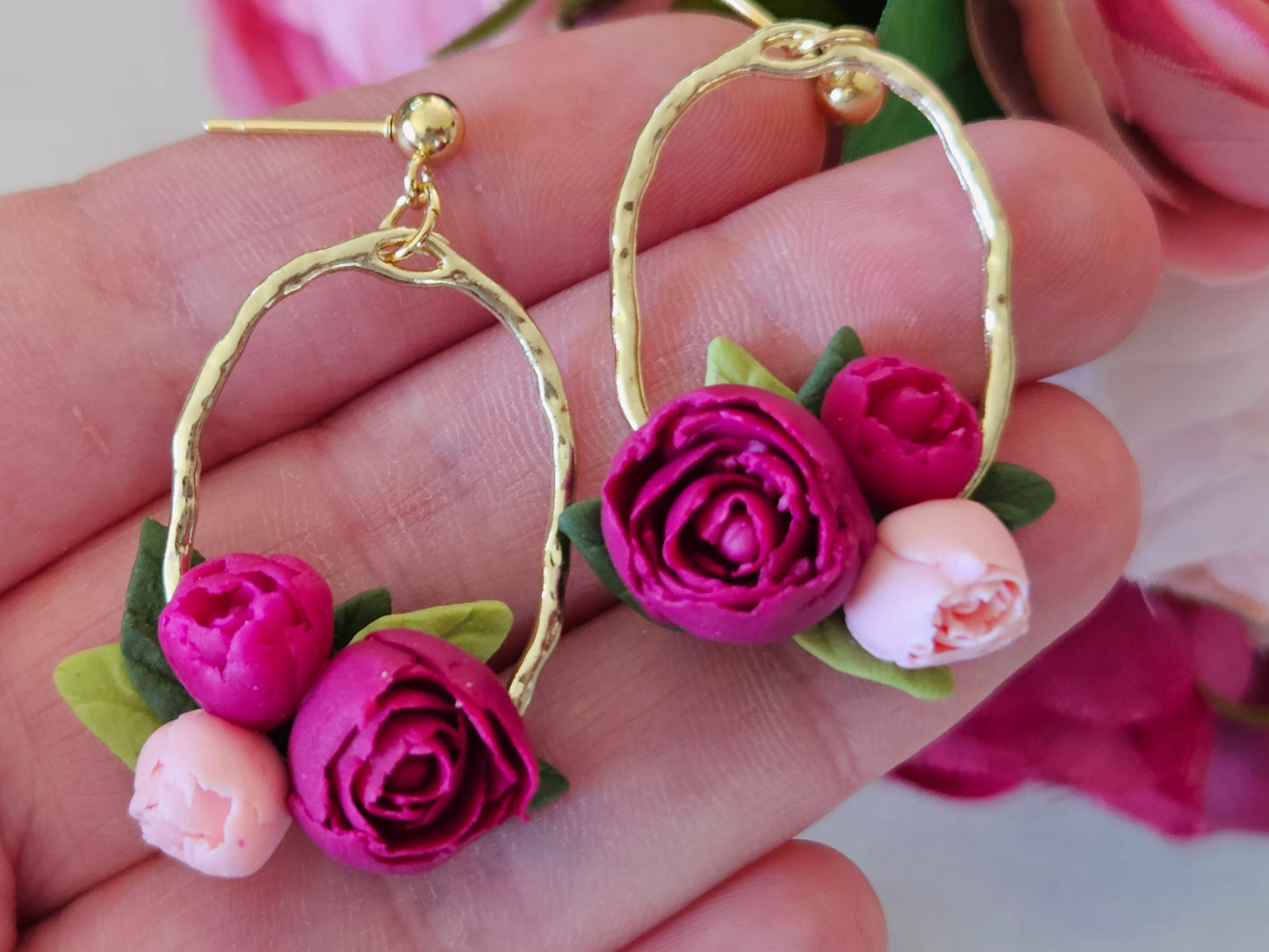 Peonies Gold Oval Bouquet Earrings