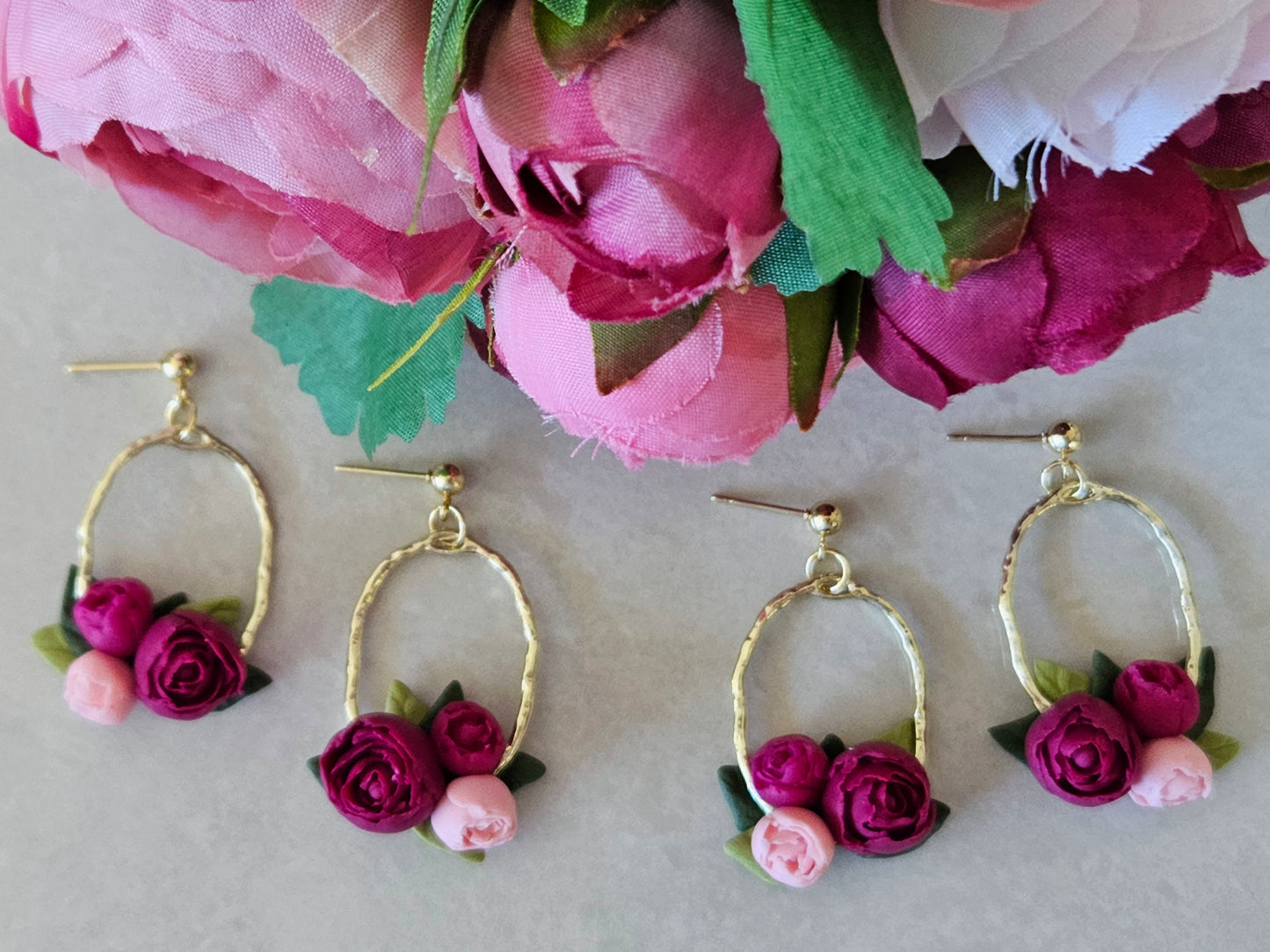 Peonies Gold Oval Bouquet Earrings