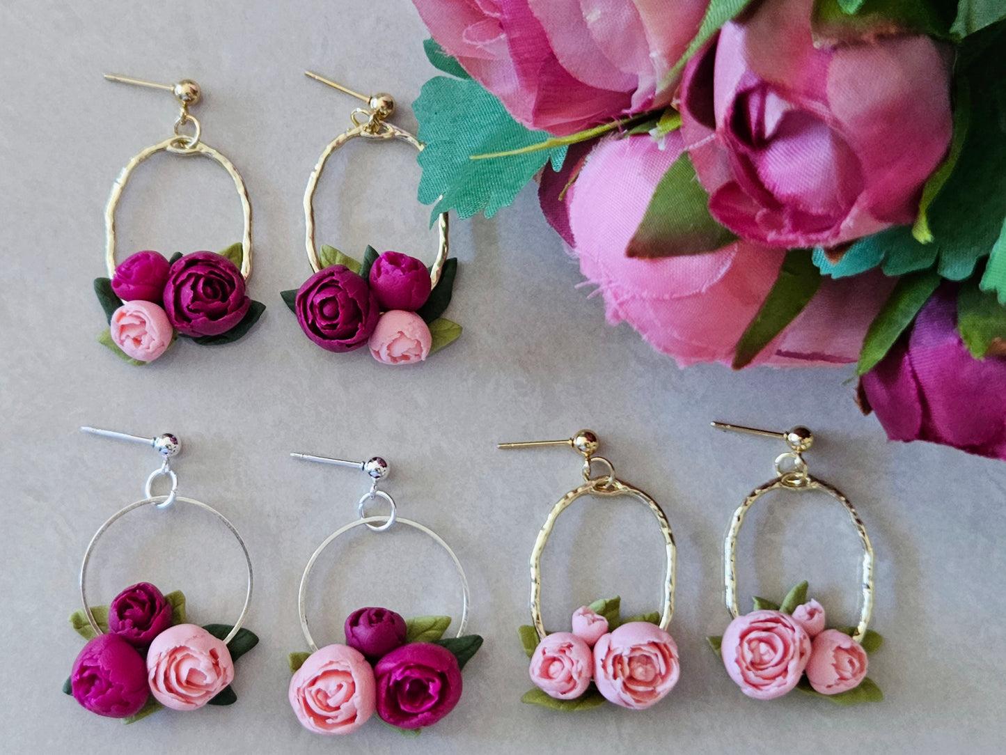 Peonies Gold Oval Earrings