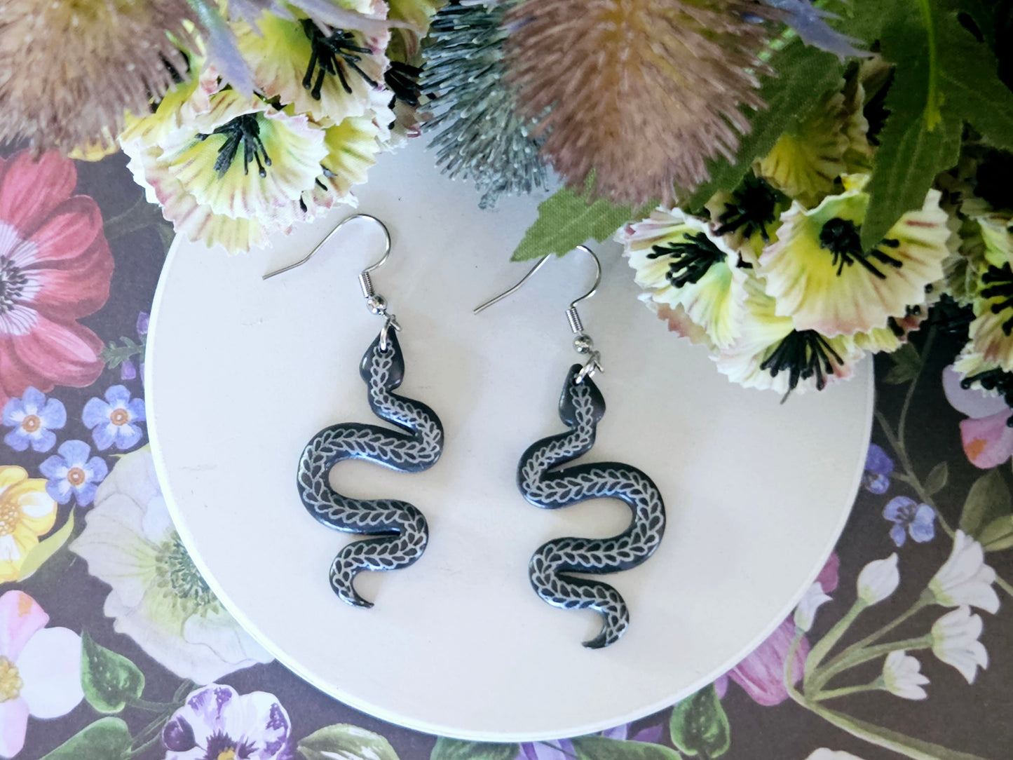 Grey and Silver Floral Snake Earrings Small