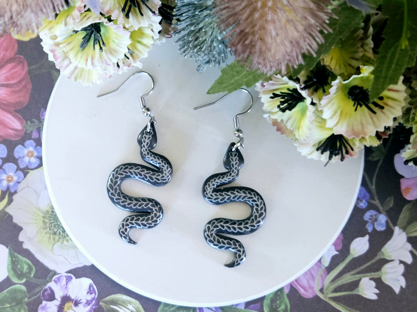 Grey and Silver Floral Snake Earrings Small