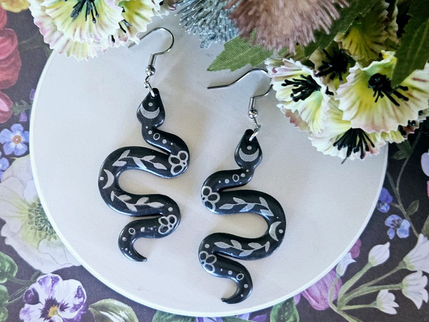 Grey and Silver Floral Snake Earrings Medium